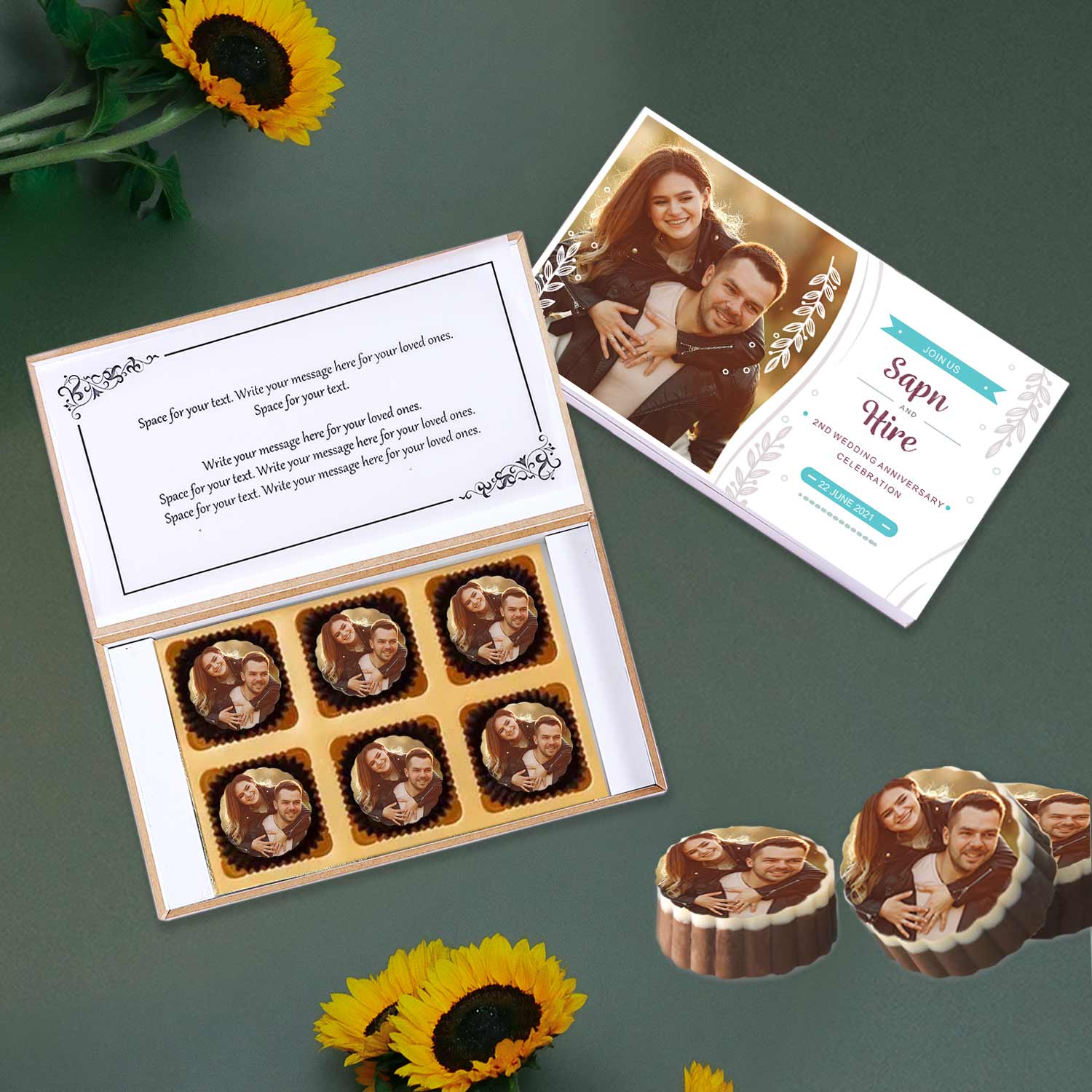 Leaves designed printed chocolates anniversary invite