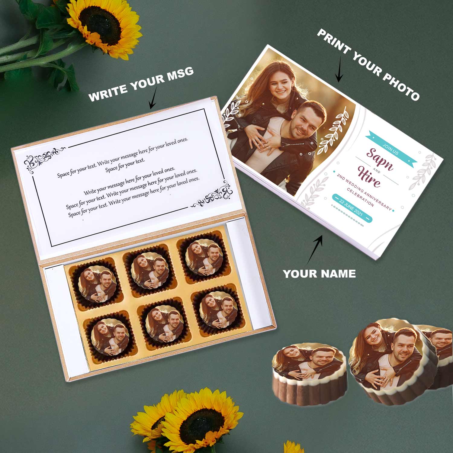 Leaves designed printed chocolates anniversary invite