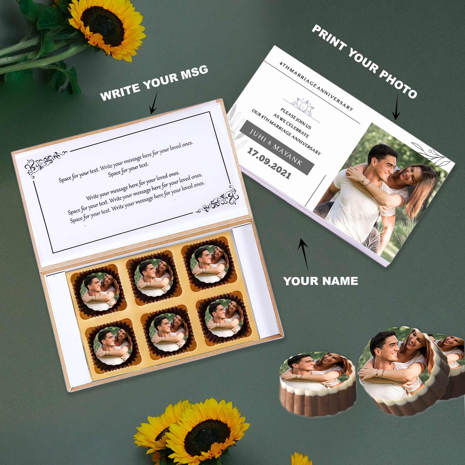 Lotus names Printed Chocolates Anniversary Invite with message