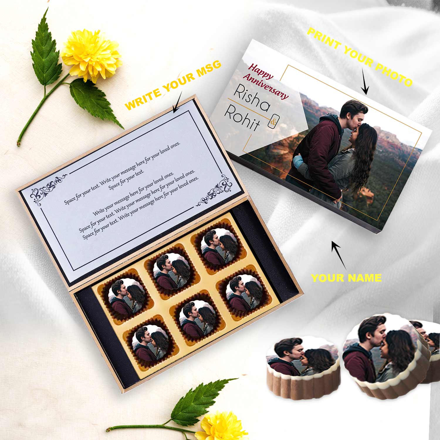 Name printed chocolates to congratulate the couple