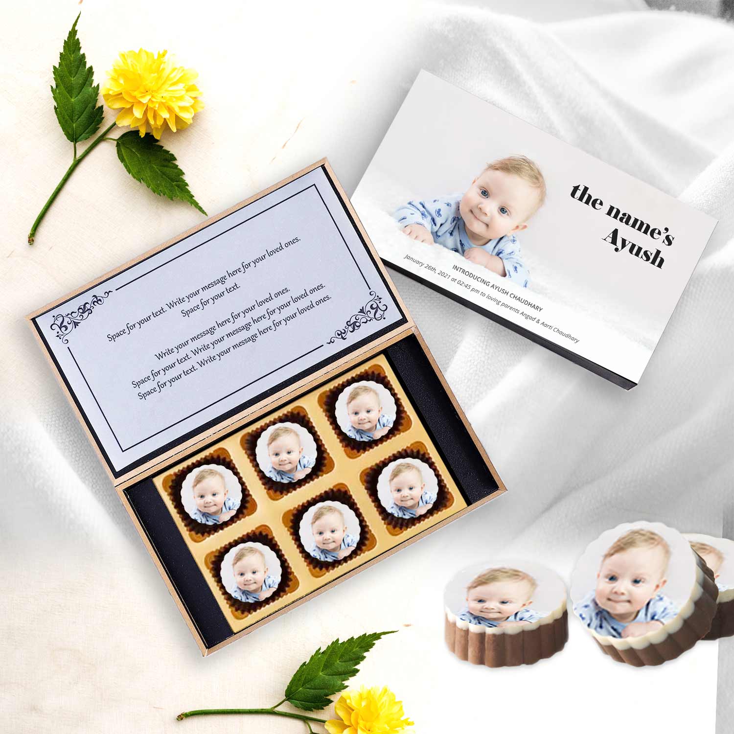Unique way to announce baby - photo printed chocolates