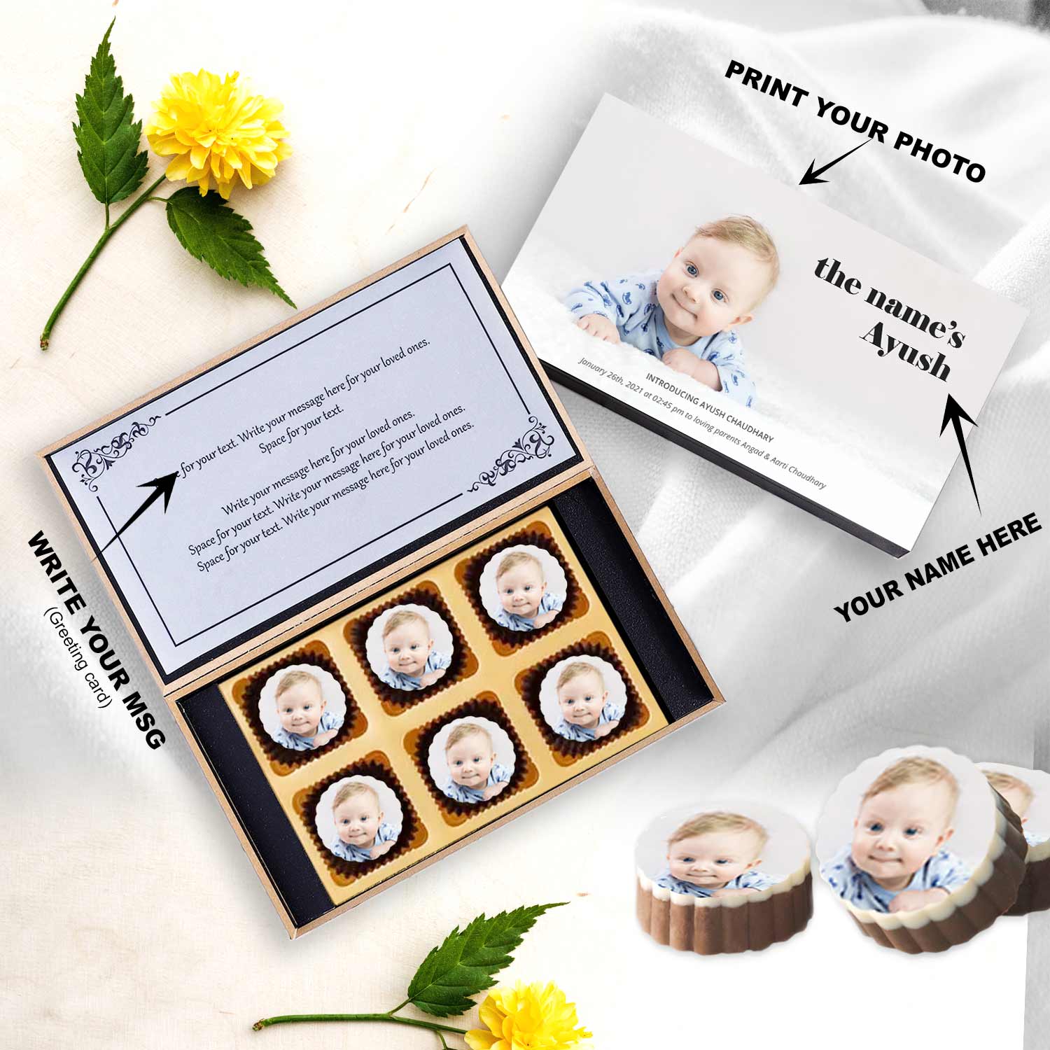 Unique way to announce baby - photo printed chocolates