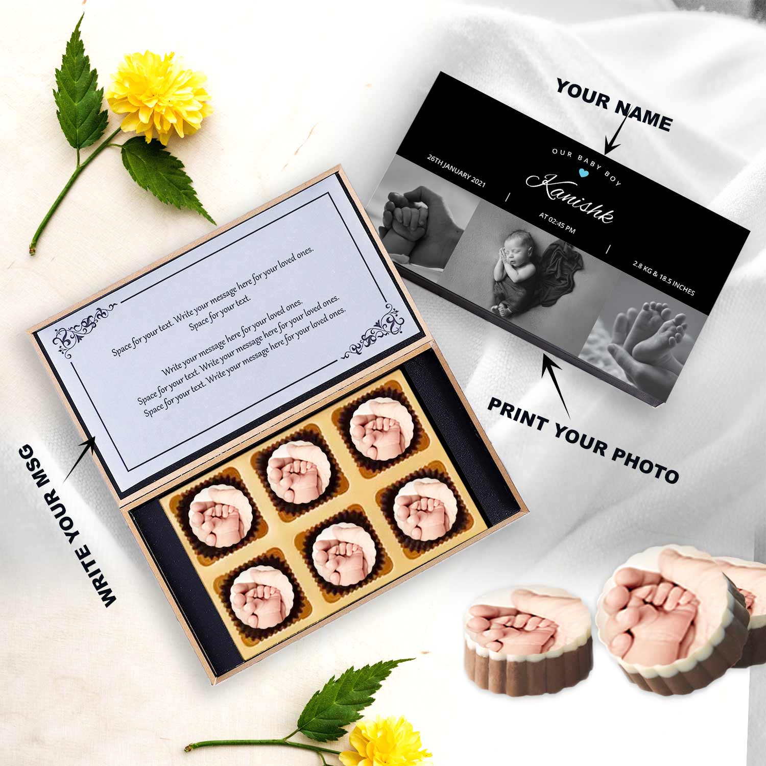 Baby boy birth announcement with tiny hands printed chocolates