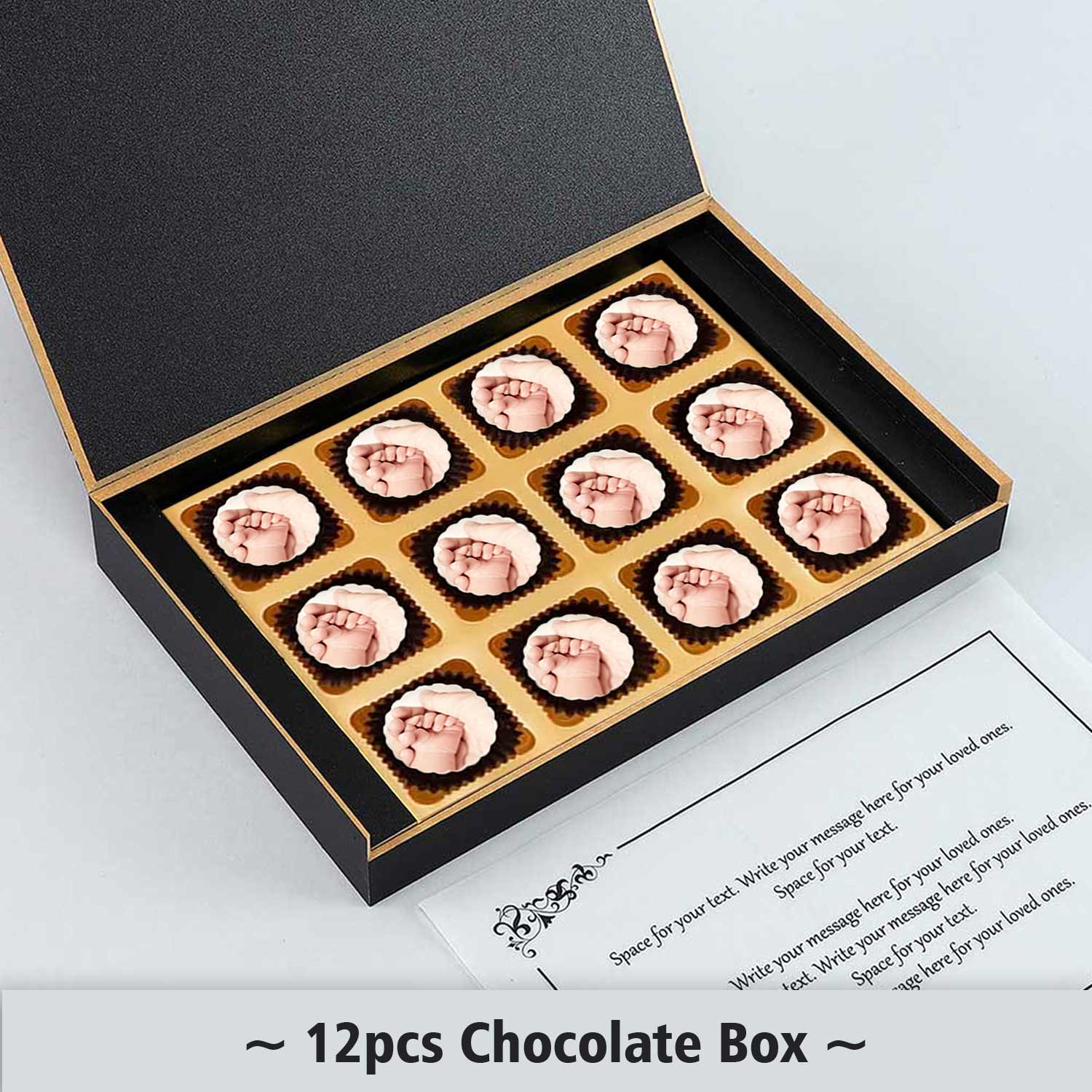 Baby boy birth announcement with tiny hands printed chocolates