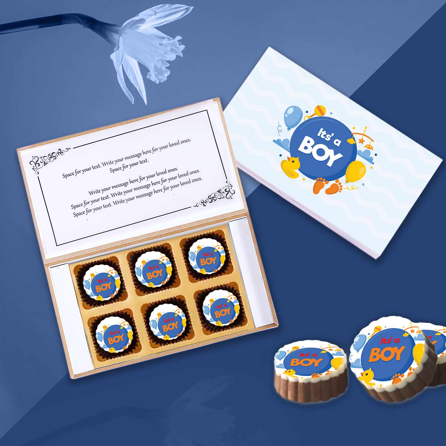 Colorful toys print baby boy announcement chocolate gift