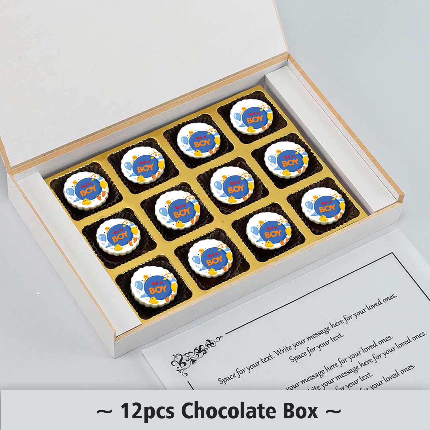 Colorful toys print baby boy announcement chocolate gift
