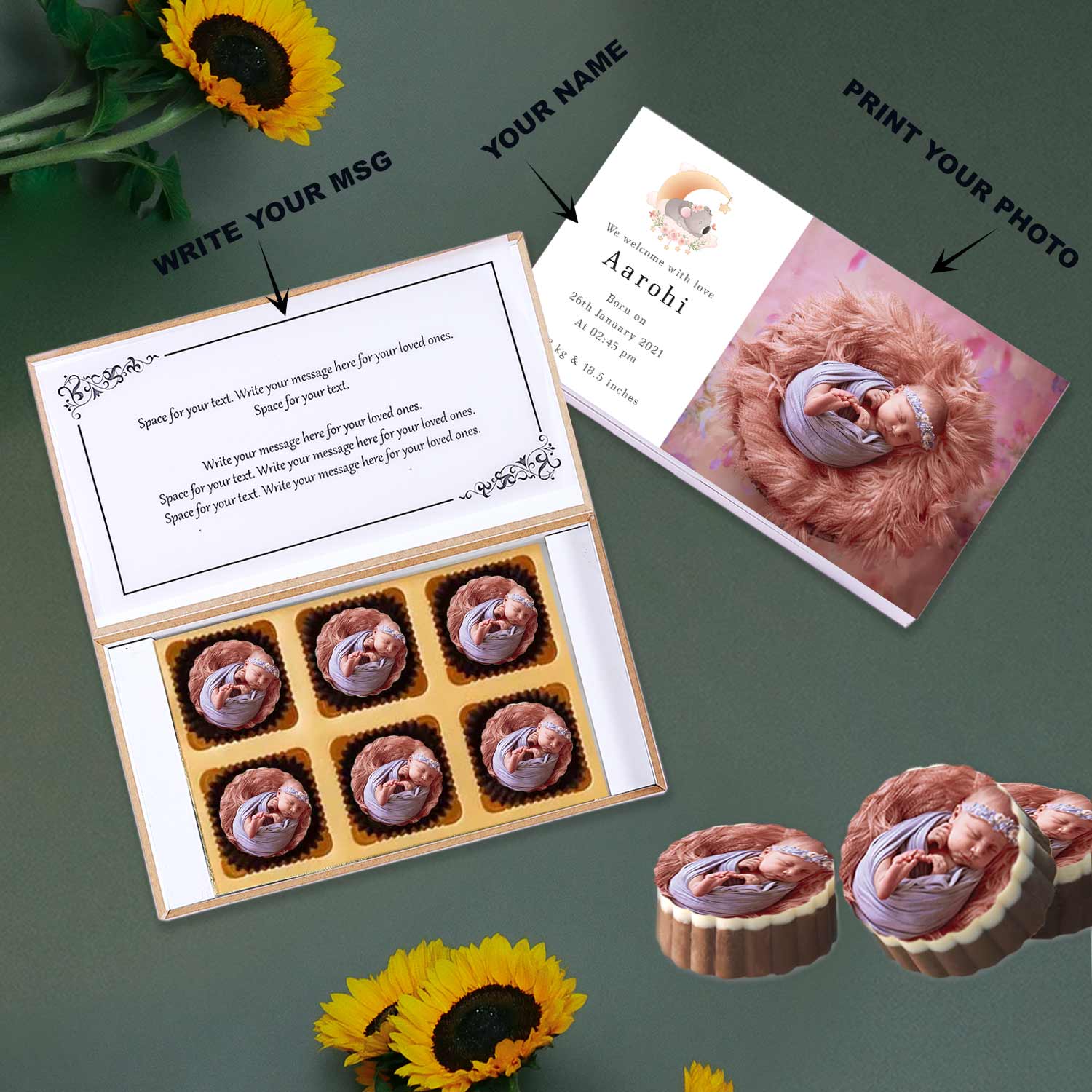 Sleeping with moon & star photo printed chocolates baby announcement