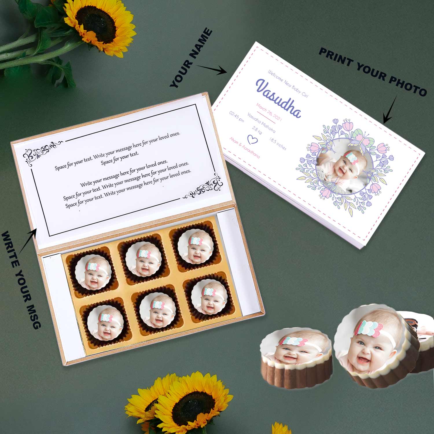 Floral framed photo printed chocolates baby announcement