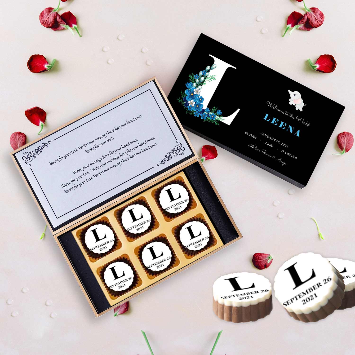 Blue floral design printed chocolates baby announcement
