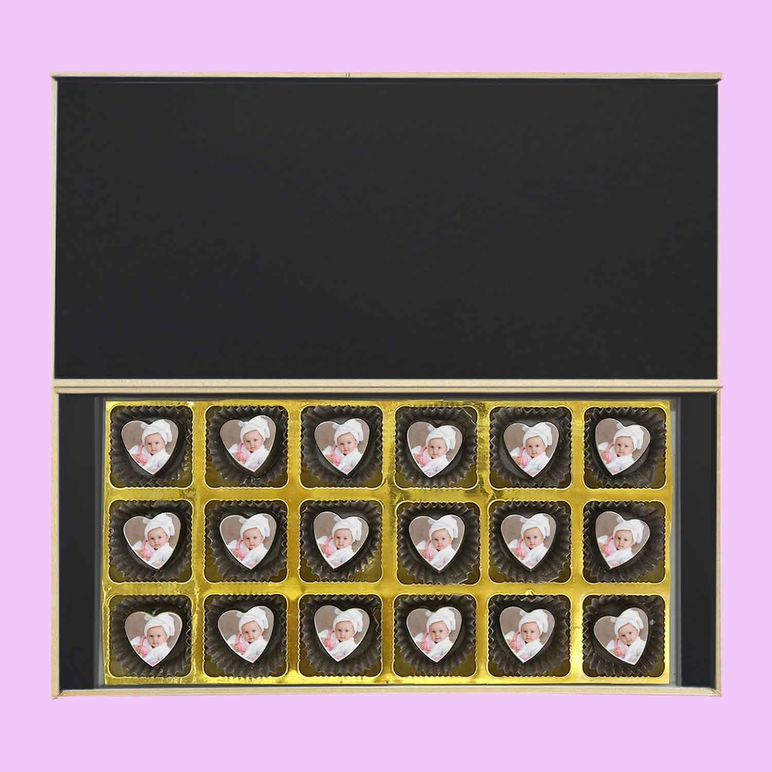 Black elegant box of photo printed chocolates baby announcement - Choco ManualART