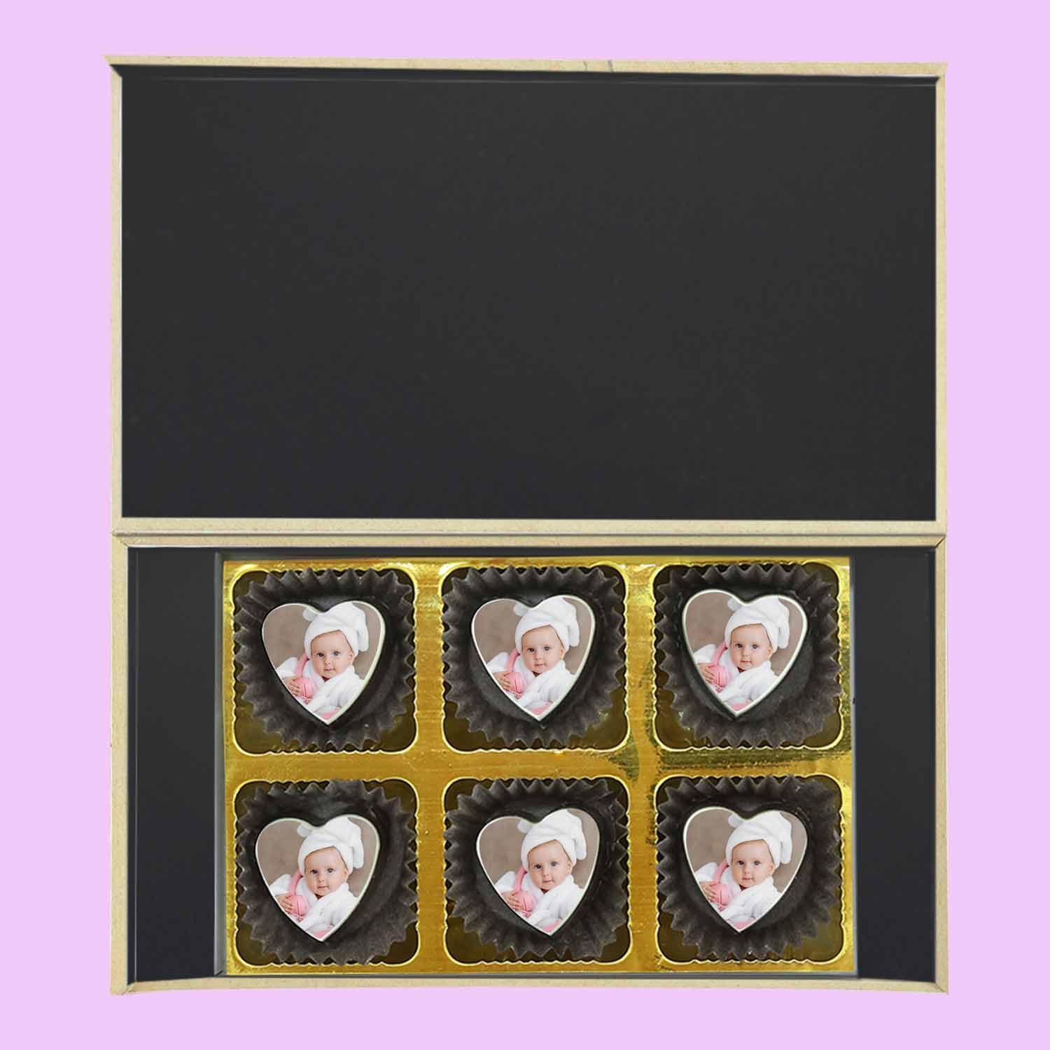 Black elegant box of photo printed chocolates baby announcement - Choco ManualART