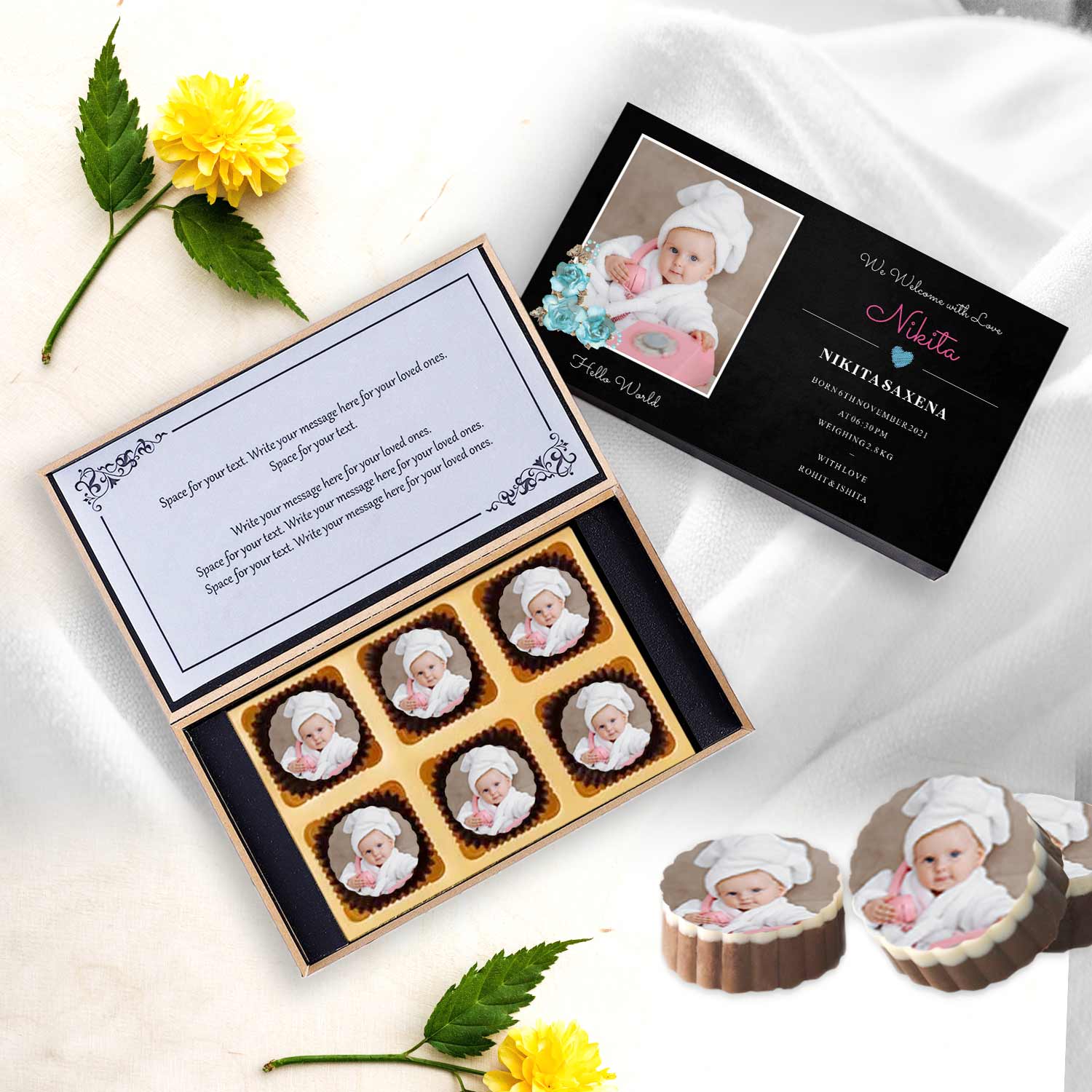 Blue floral designed frame photo printed baby announcement chocolates