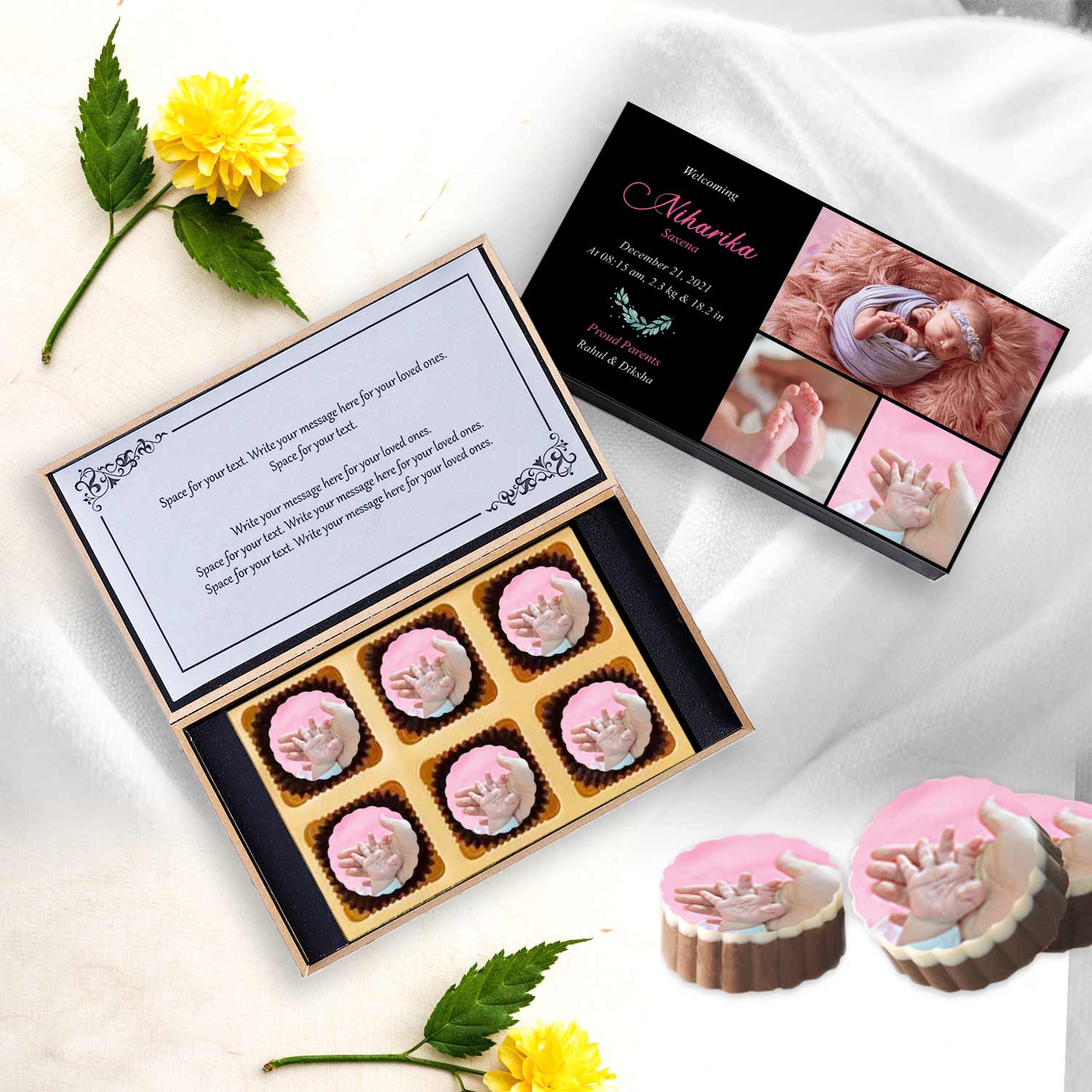 Black elegant photo collage baby announcement printed chocolates