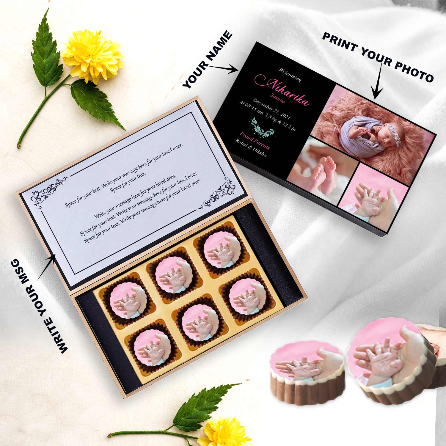 Black elegant photo collage baby announcement printed chocolates