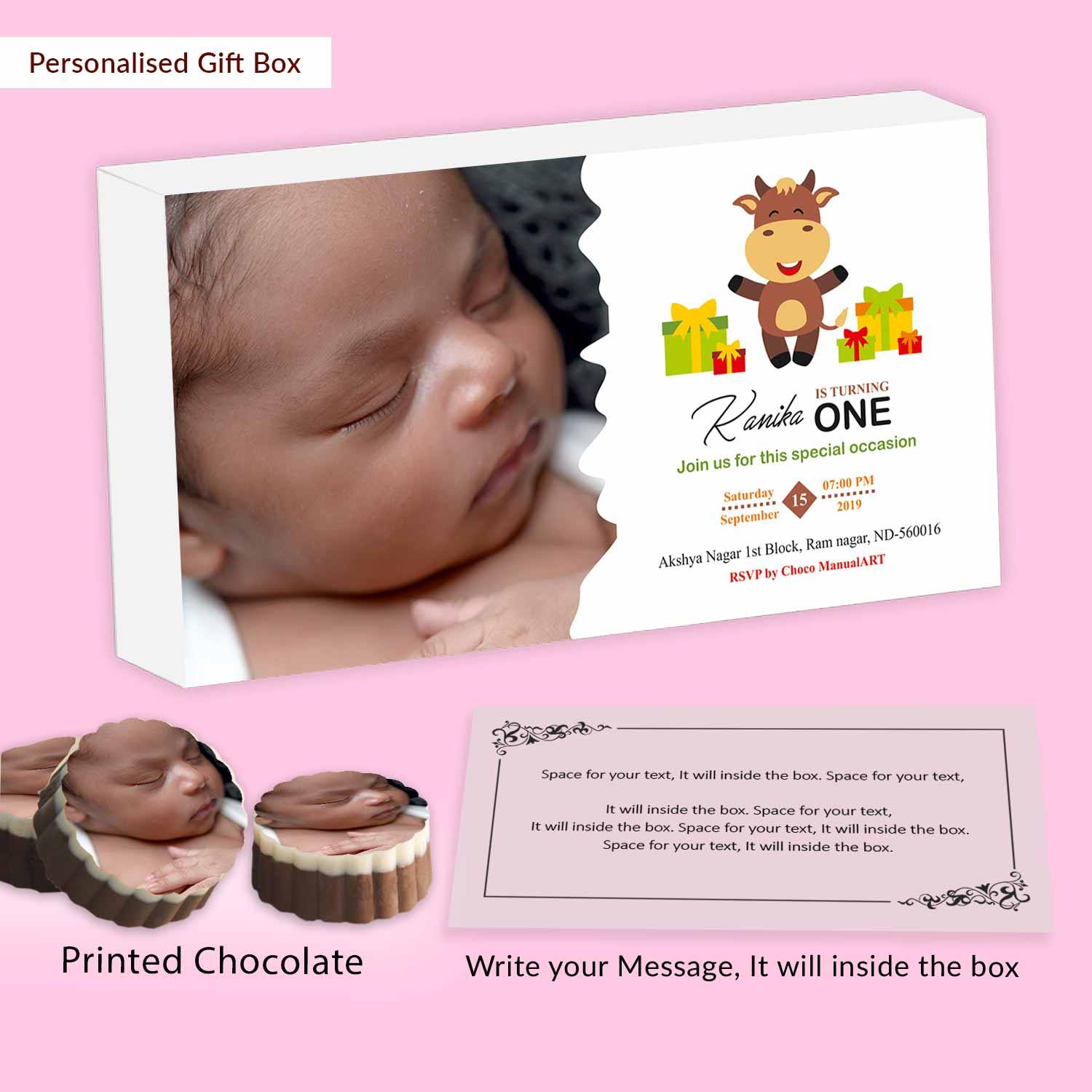 1st Birthday invitation Photo Printed Chocolates gift - Choco ManualART
