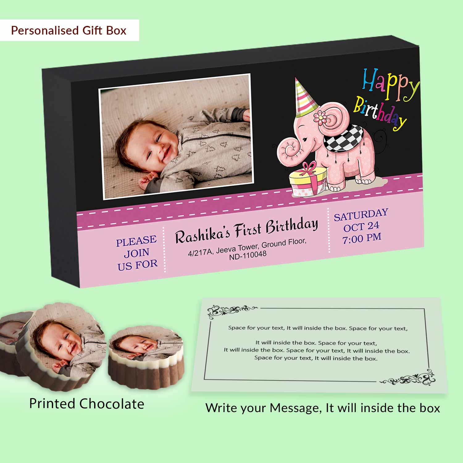 Pink Baby Elephant Photo Printed Chocolates invitation - Choco ManualART