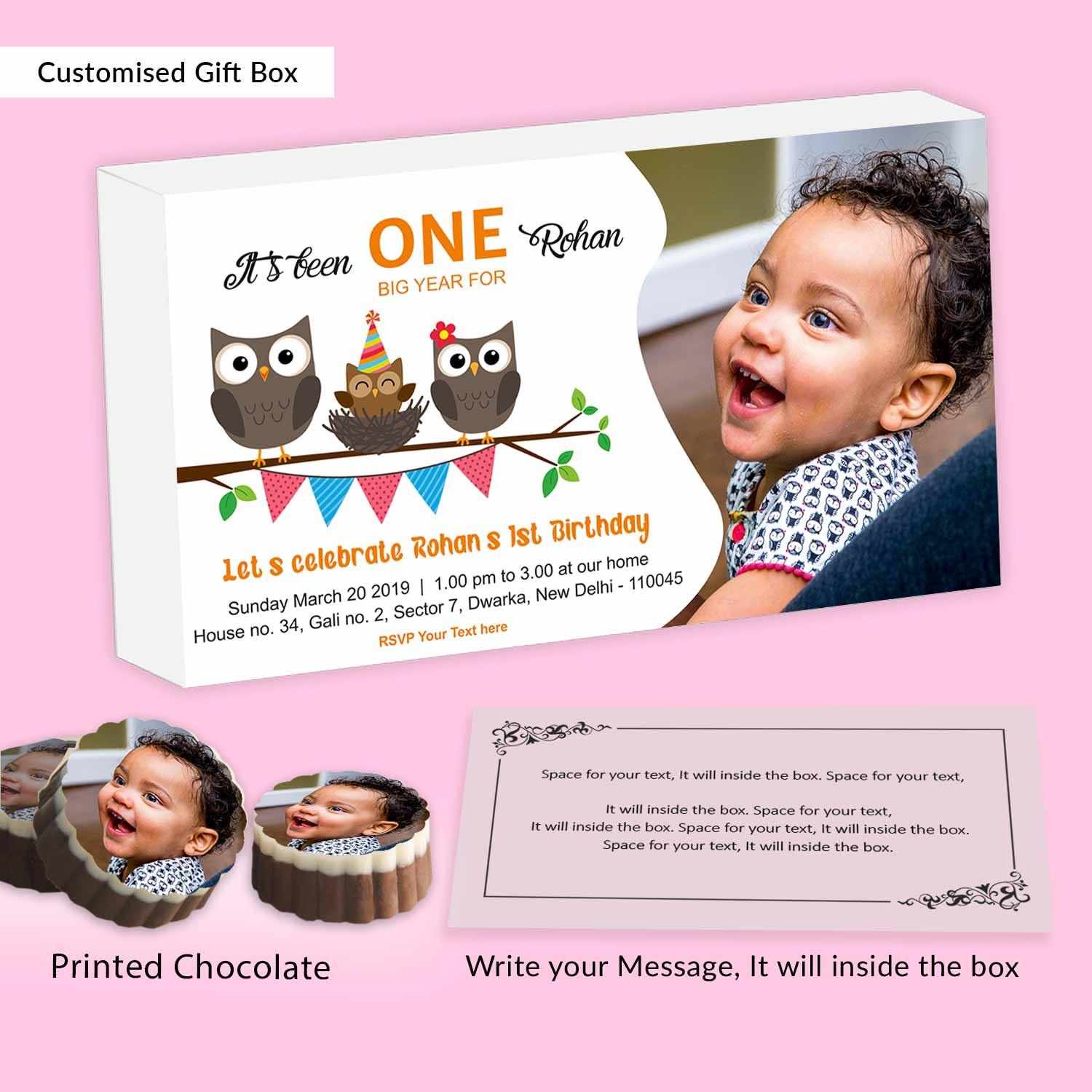 Owl's Image Birthday invitation Photo Printed chocolates - Choco ManualART