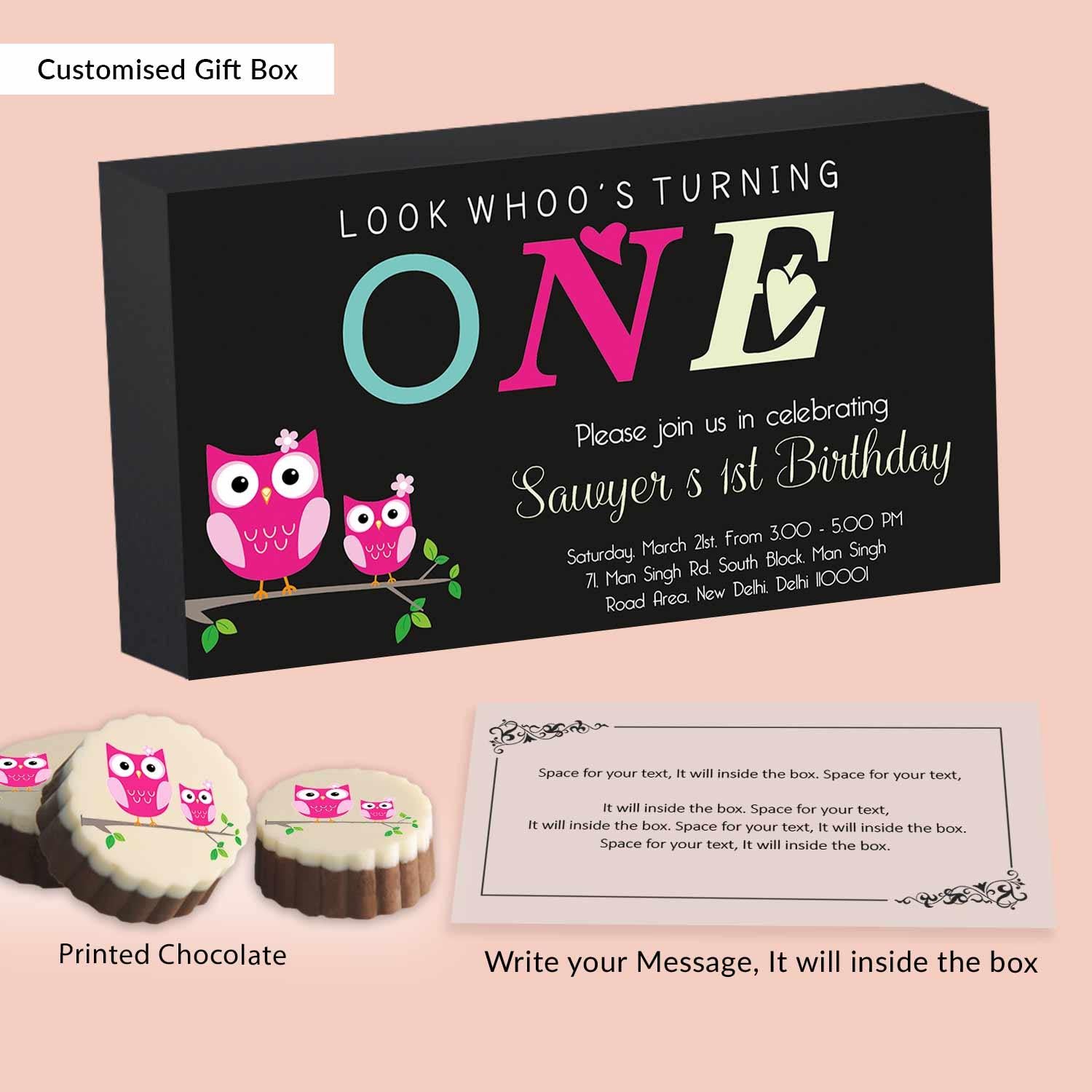 "Whooo's turning one" Owls Printed Chocolates birthday invitation - Choco ManualART