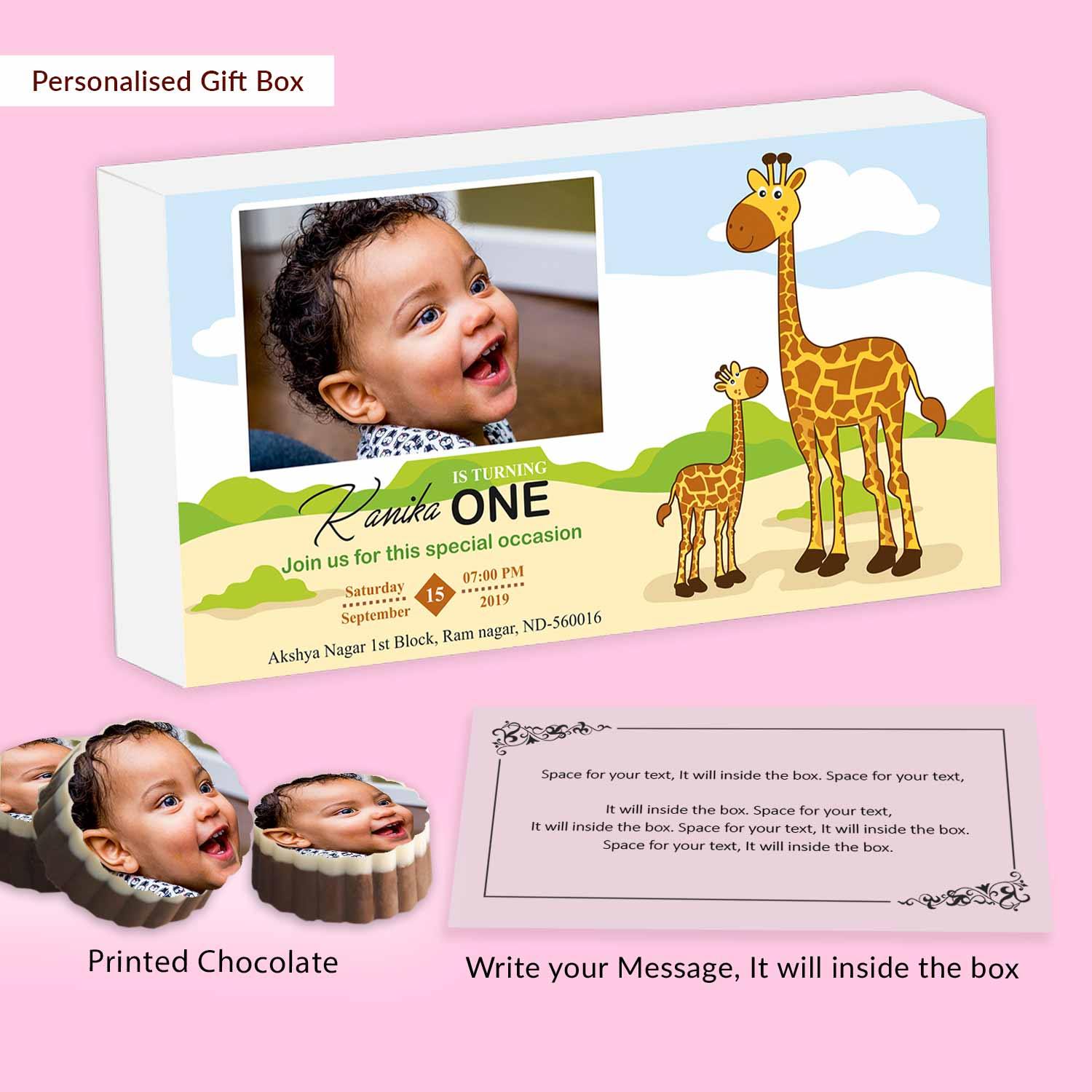 Baby & Mommy Giraffes Birthday invitation with Printed chocolates - Choco ManualART