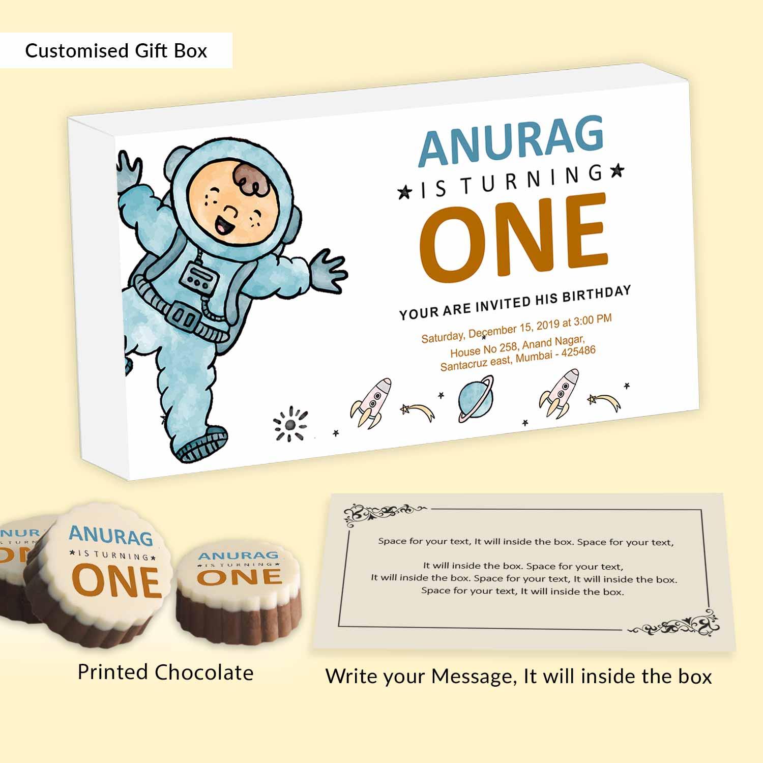 Space theme name Printed chocolates Birthday invitation - Choco ManualART