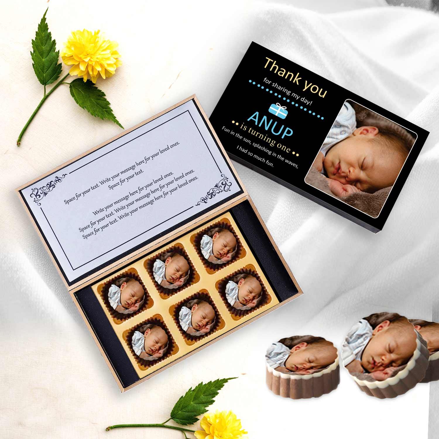 1st birthday return gift photo printed chocolates