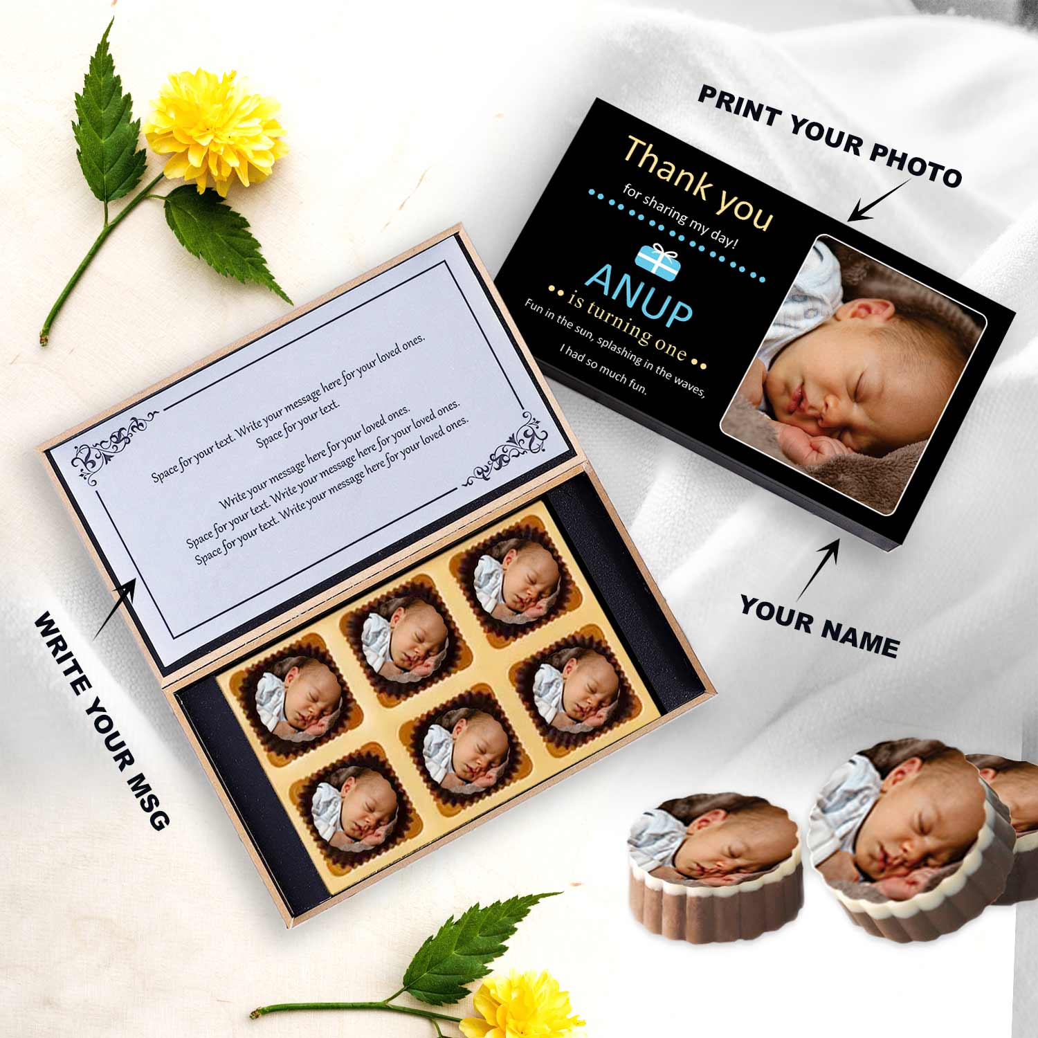 1st birthday return gift photo printed chocolates