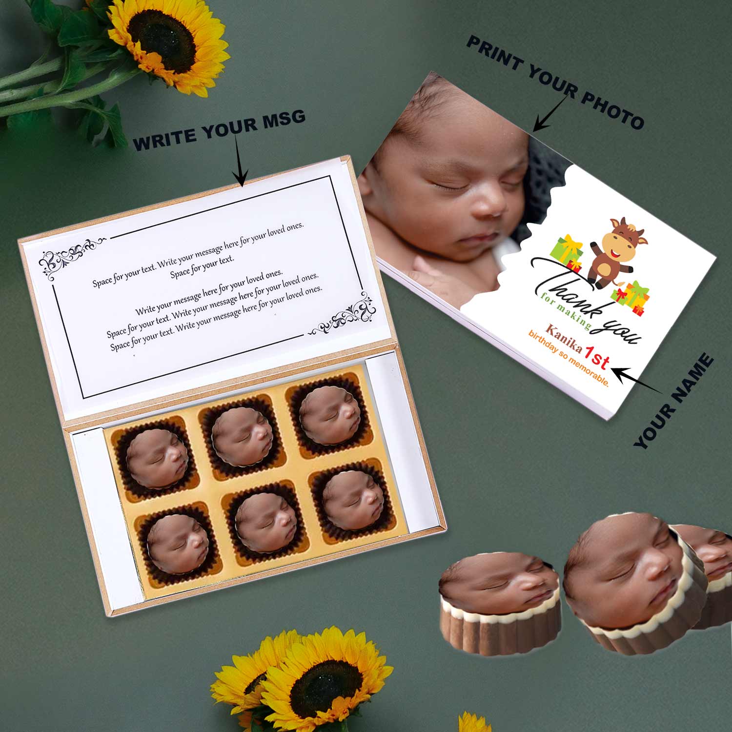 1st birthday return gift photo printed chocolates