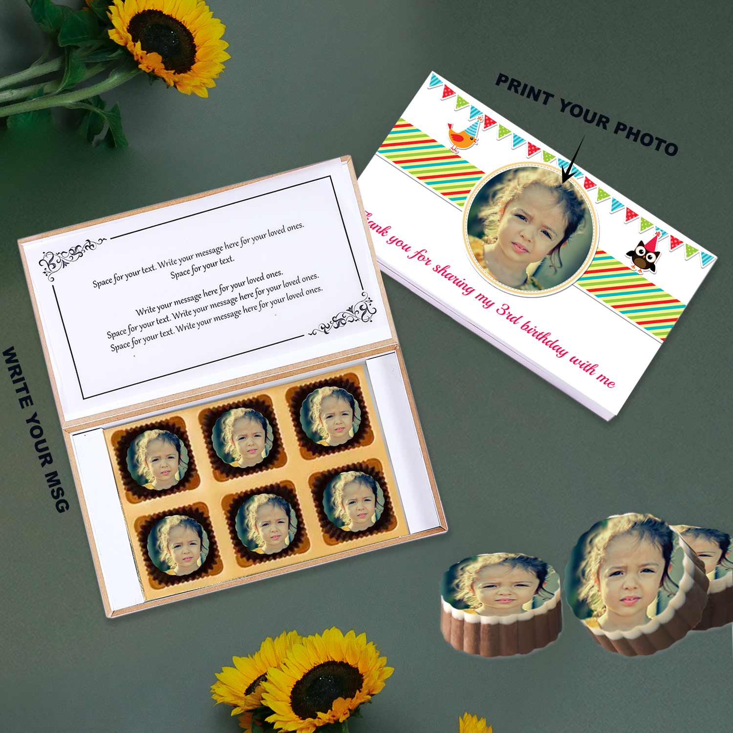 Colorful box of photo printed chocolates birthday return gift