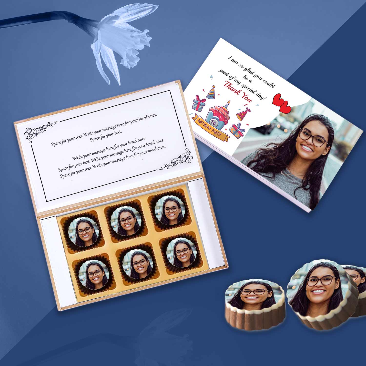 Sweet 16 birthday return gift photo printed chocolates