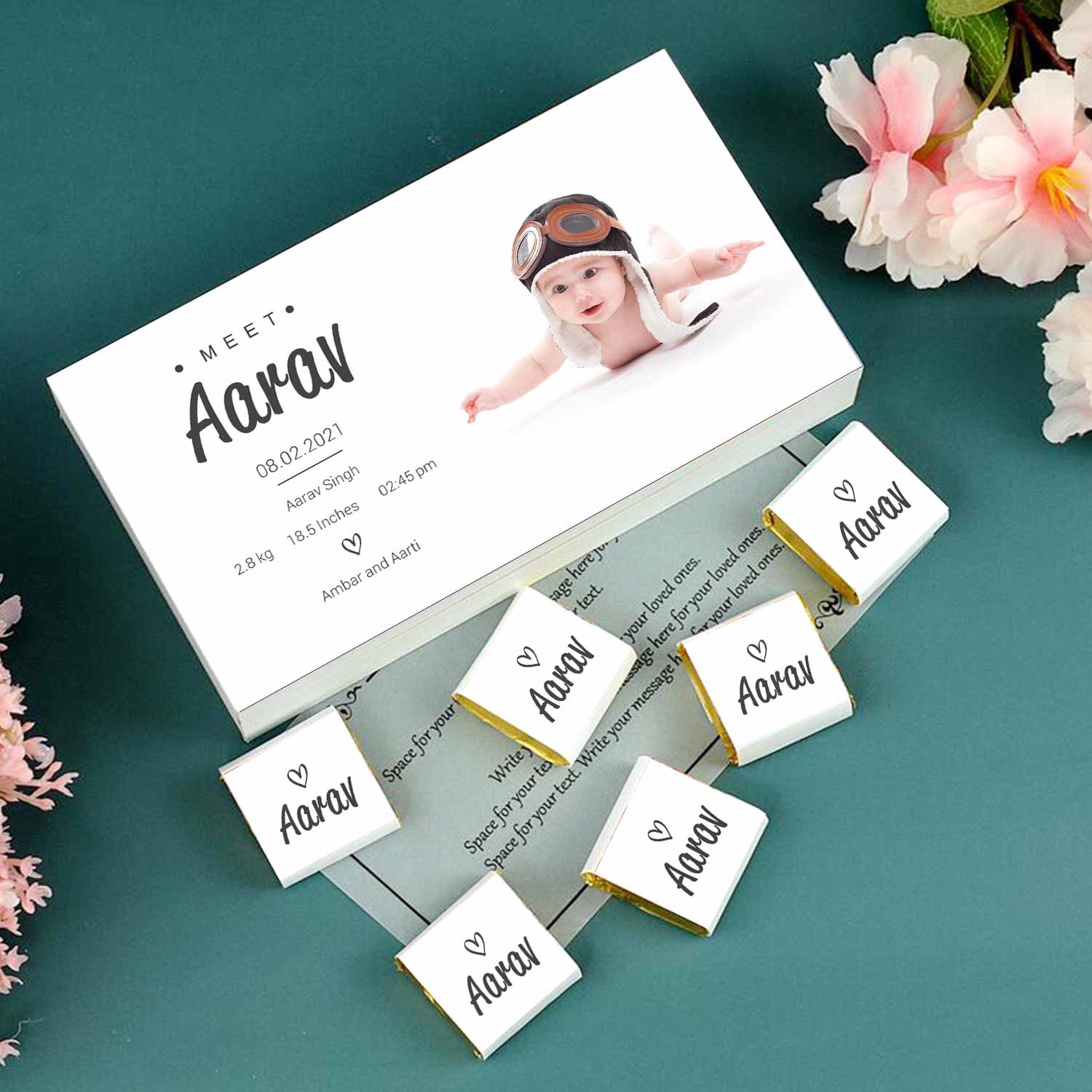 Baby's birth announcement gift printed wrapped chocolate. Customized chocolate boxes for baby boy.  Baby announcement gift boxes india.