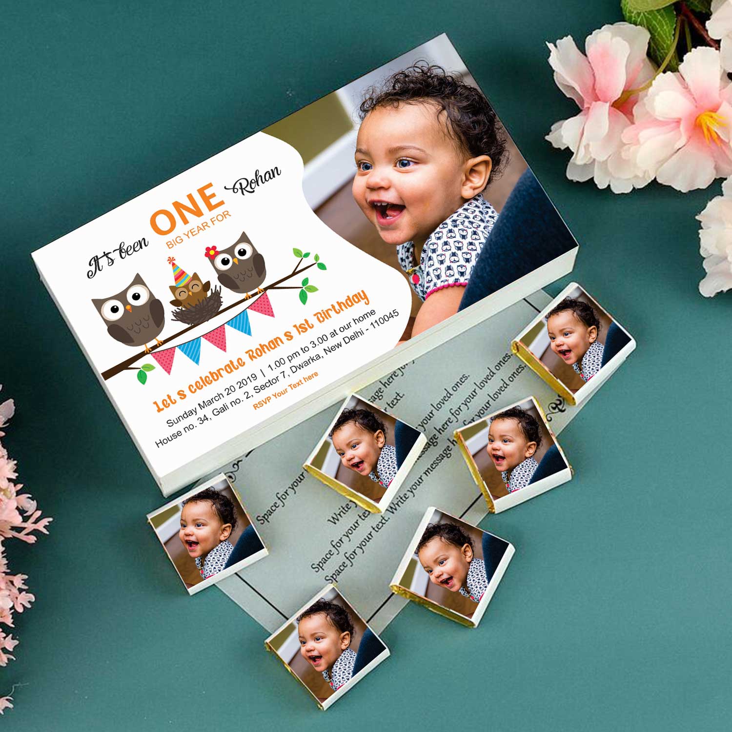 BABY, MOMMY, DADDY OWLS CUSTOMISED FIRST BIRTHDAY INVITATION GIFT   The best Customized chocolate box for Birthday Invitation