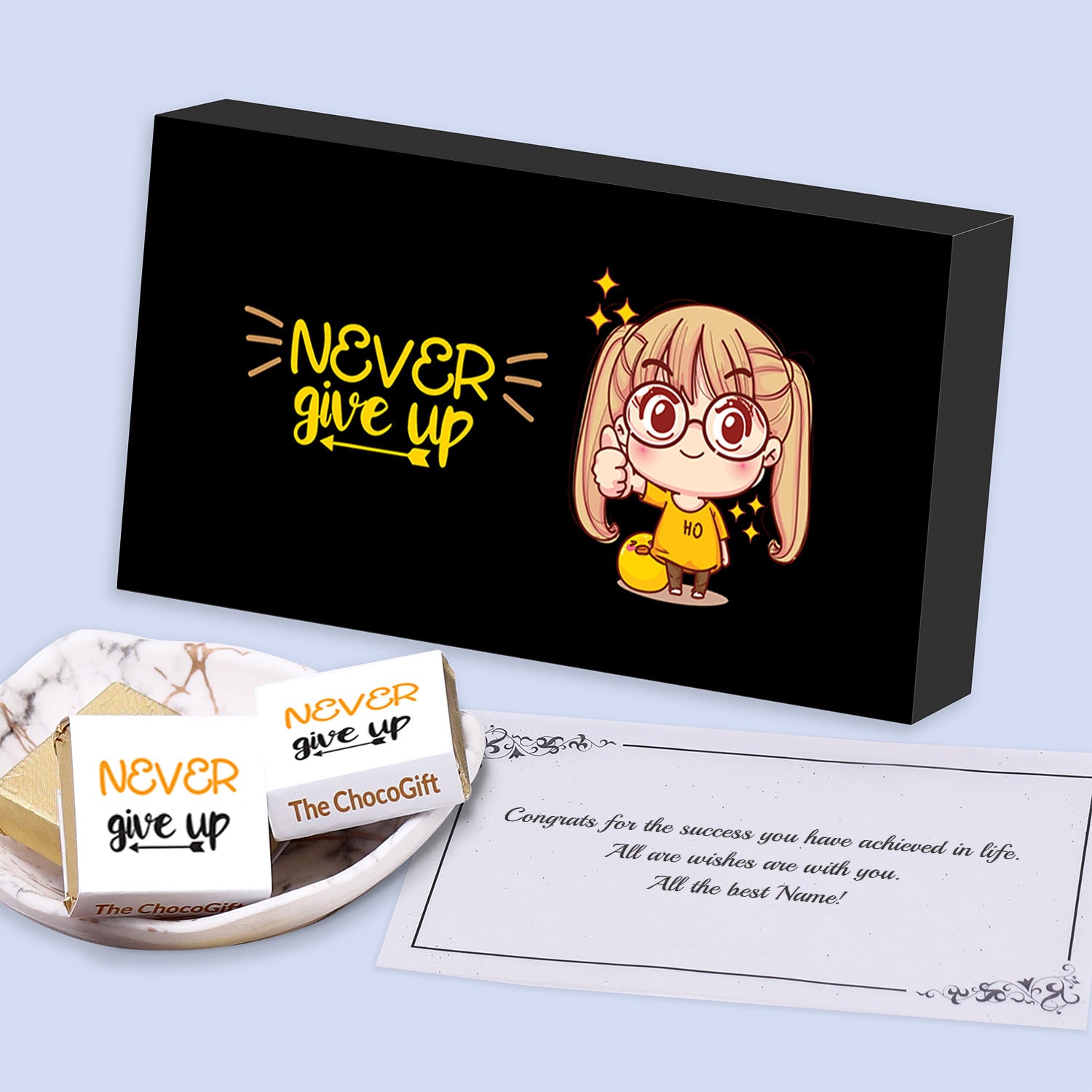 Personalised wrappers printed to wish Never Give Up