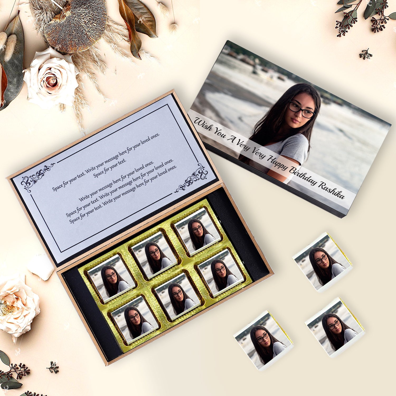  Customised gifts with name and photo printed on chocolate wrapperBirthdays Message Inside the chocolate box. 
