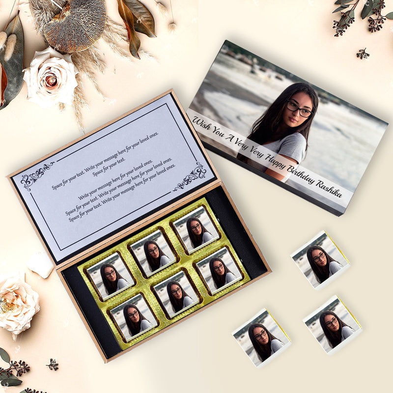  Customised gifts with name and photo printed on chocolate wrapperBirthdays Message Inside the chocolate box. 