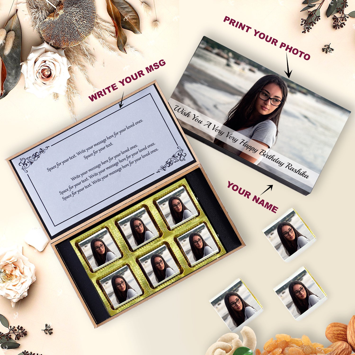 black wooden box with all wrapper printed chocolates. Fruit and Nuts Chocolate In Box.