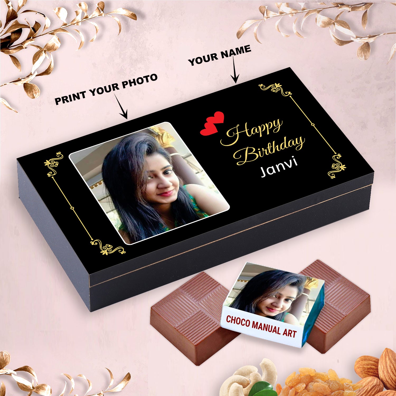 CUSTOMIZED GIFTS WITH NAME PRINTED ON WRAPPER AND PERSONAL MESSAGE INSIDE THE BOX FULL OF CHOCOLATES
