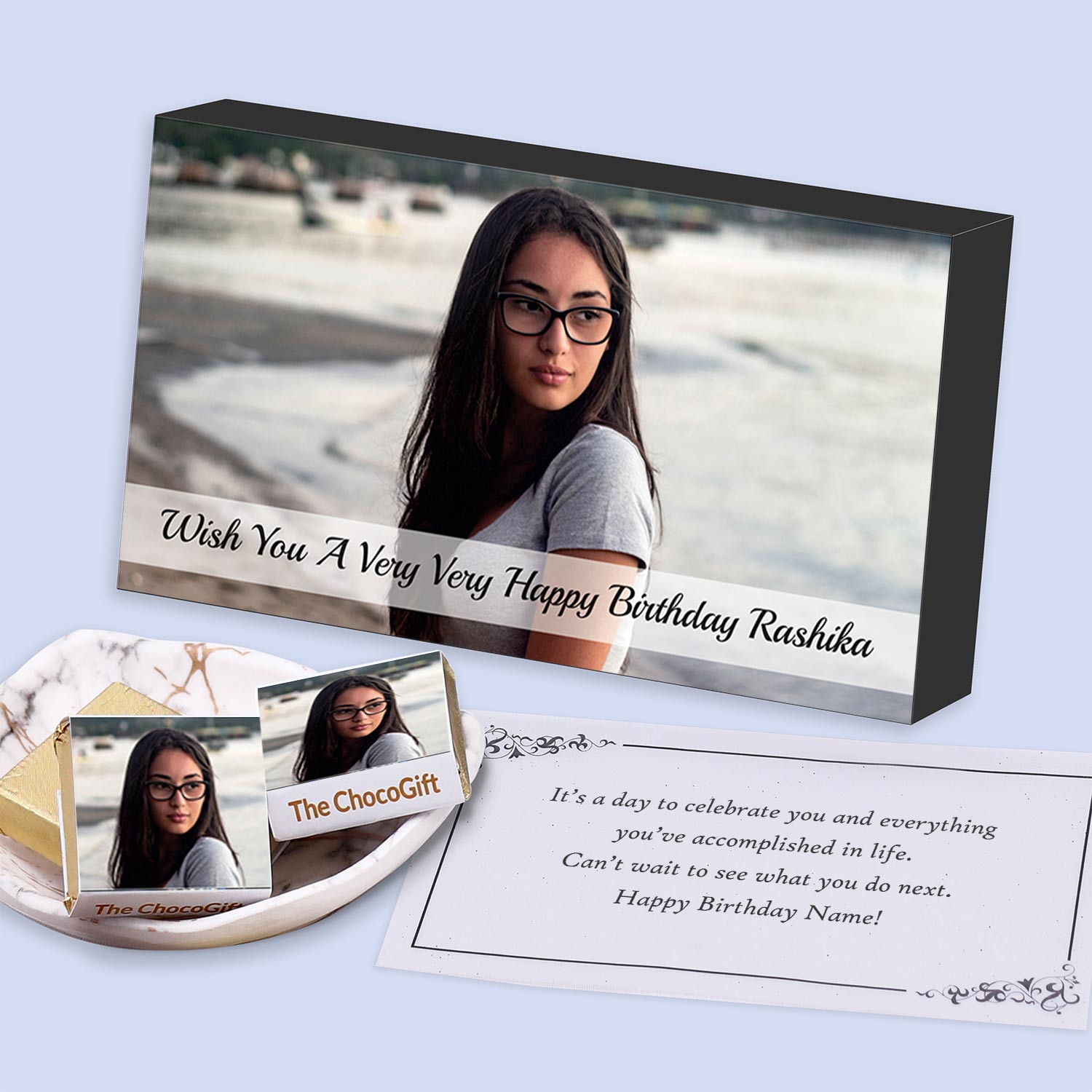 Customised gifts with name and photo printed on chocolate wrapper