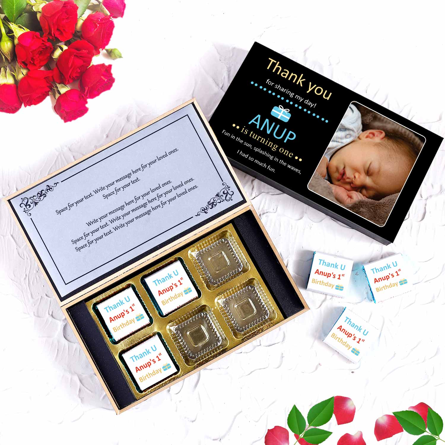 Black elegant personalised gift box 1st birthday return gift personalised photo printed wrapped chocolates and black elegant gift box to say thank you.  