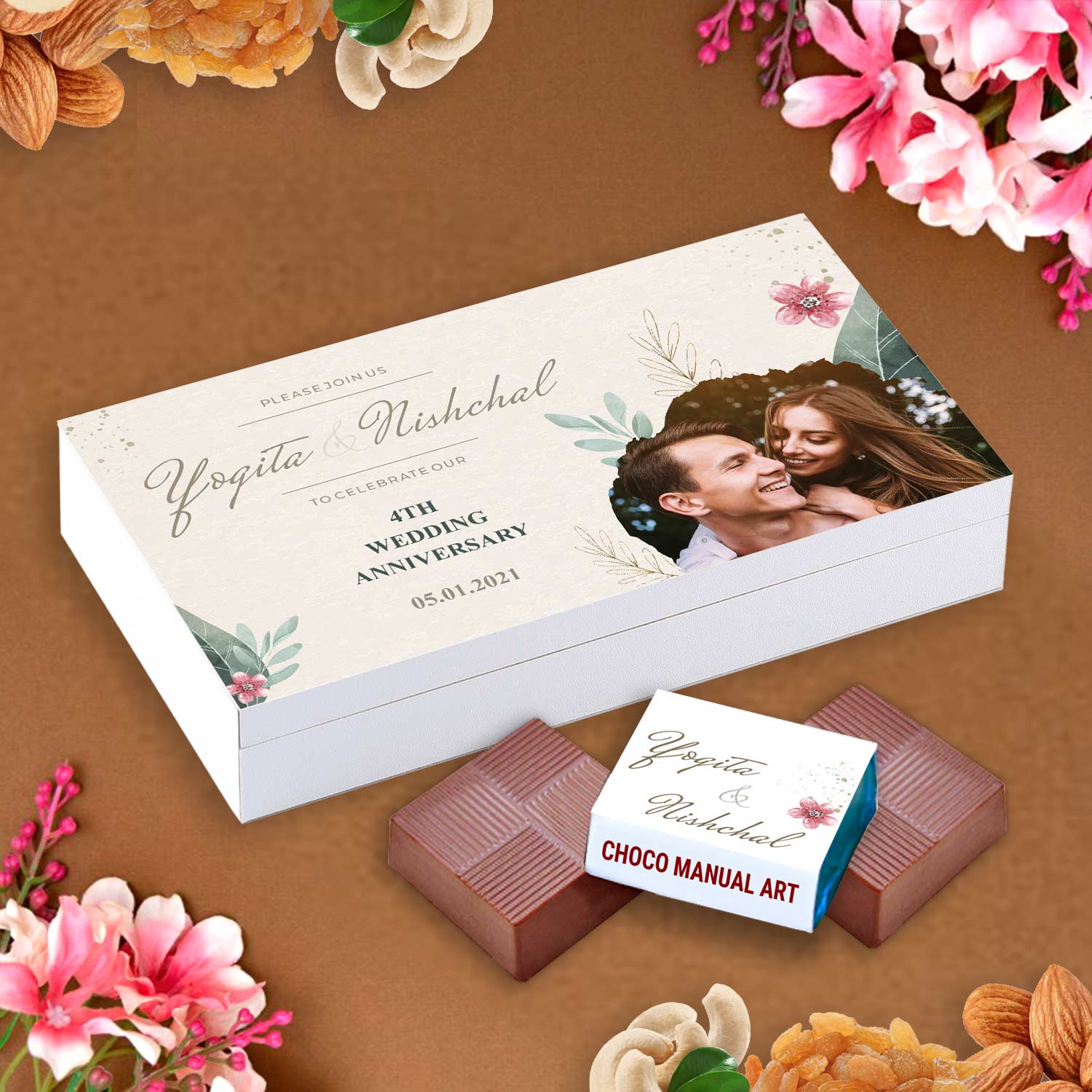 Customized black wooden box with all wrapper printed chocolates. There is also a personalized message printed on Message paper inside the box.	