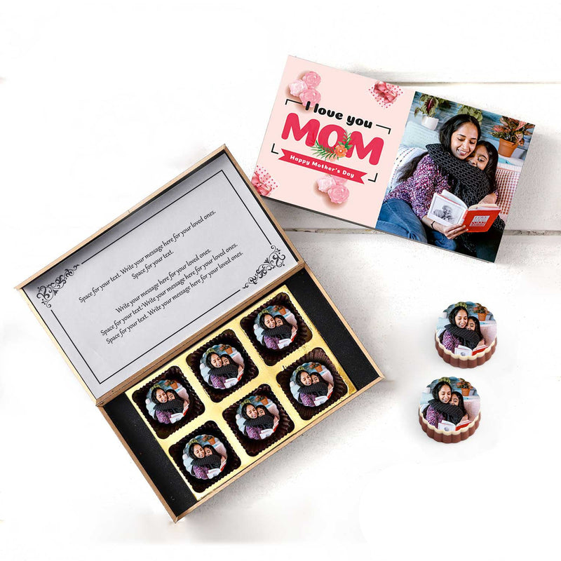 Blooming flowers with photo printed chocolates box for mom with white 