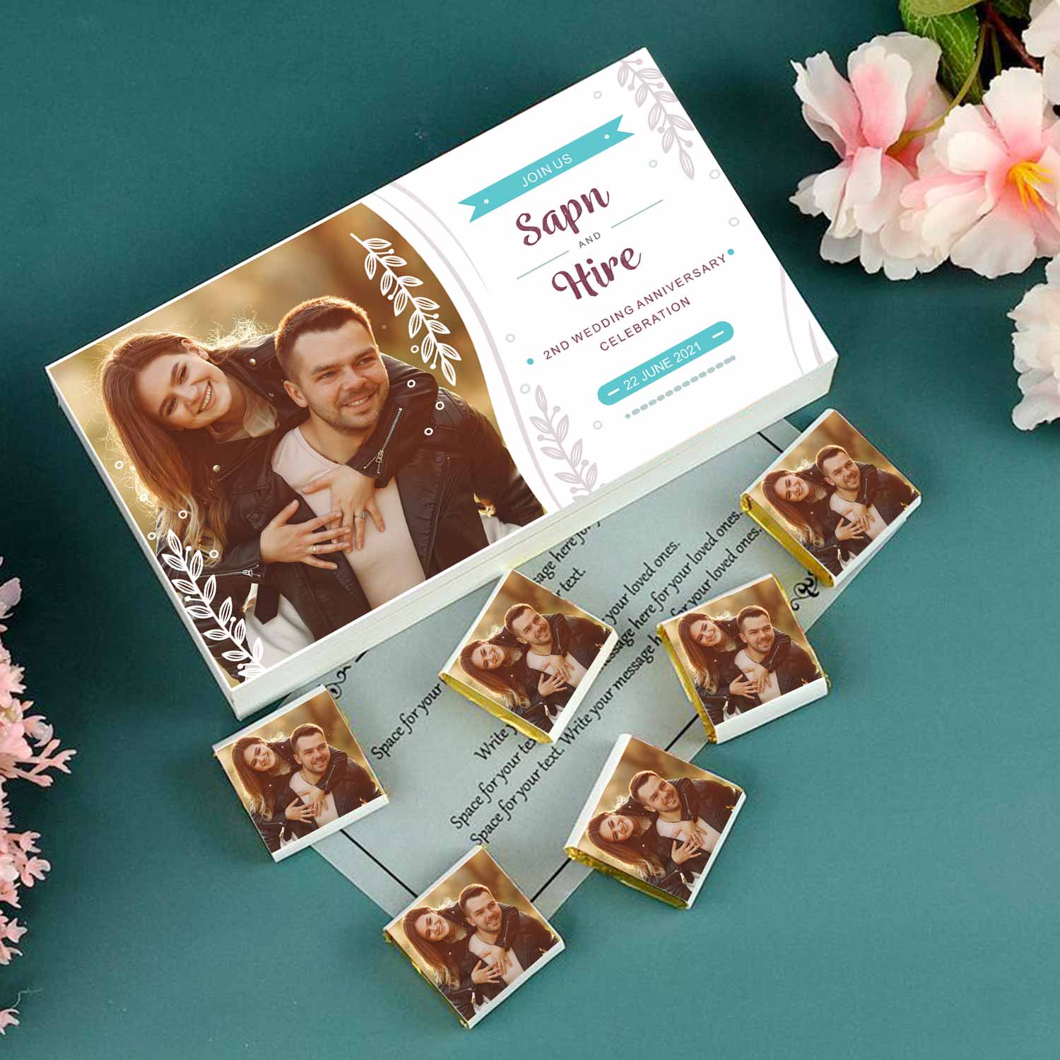 Botanical theme Personalised Anniversary invitation  With delicate leaves design, it adds a lovely finishing touch to your beautiful couple picture printed on a white wooden box.