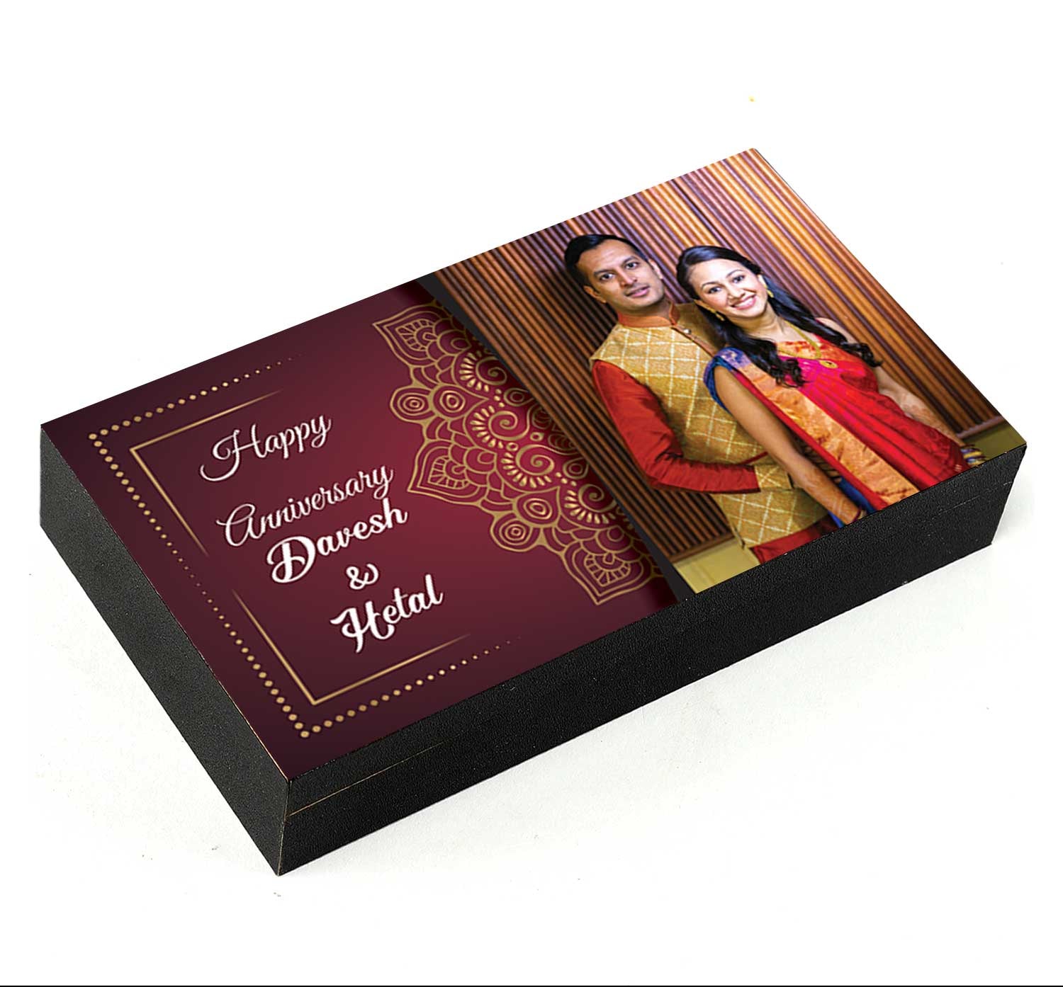 photo printed with elegant design on wooden box of chocolates