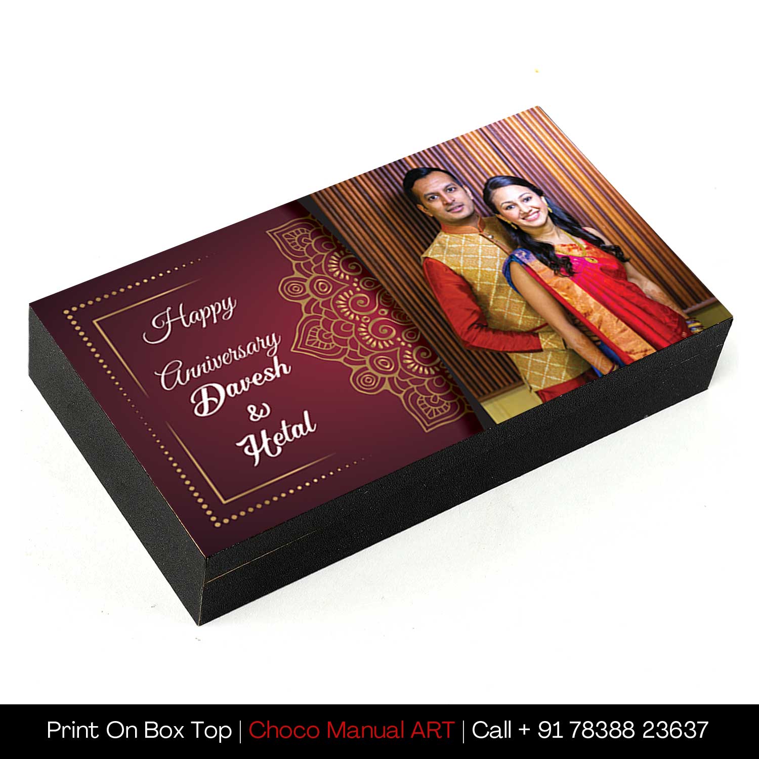 photo printed with elegant design on wooden box of chocolates