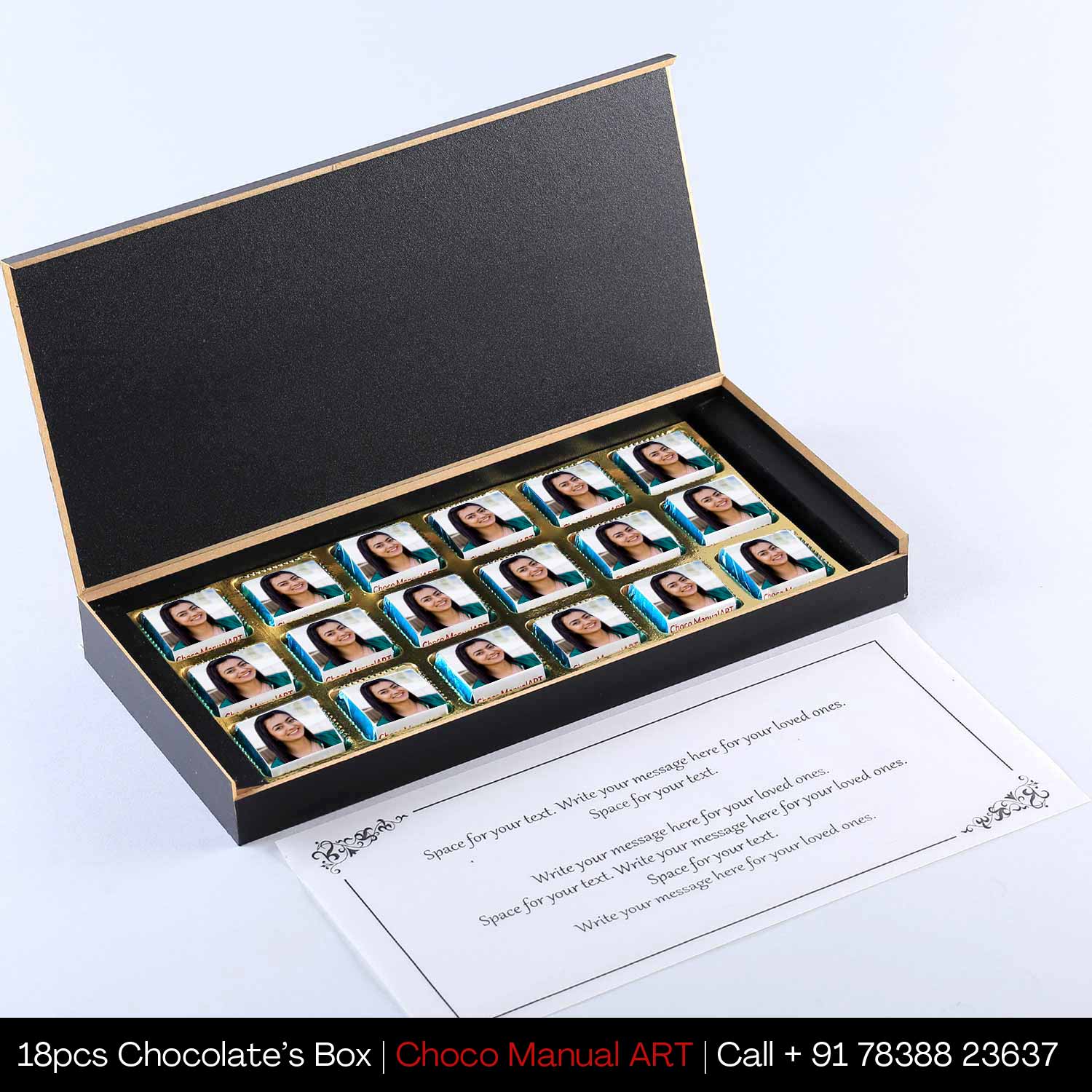 18-piece personalized chocolate gift box with employee photo printed on wrappers and custom birthday message card – ideal for staff birthday gifting