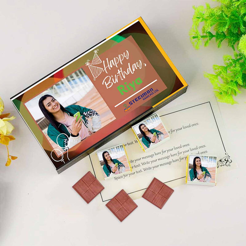 Personalized birthday chocolate gift box with custom photo, name, and message on packaging and chocolates – ideal for employee or corporate gifting