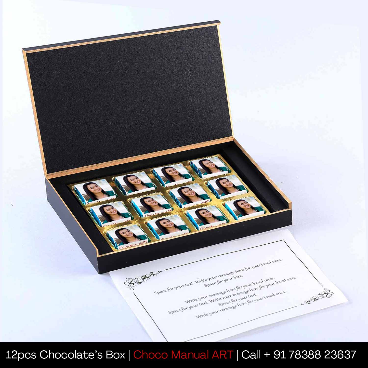 12-piece personalized chocolate gift box with employee photo printed on wrappers and custom birthday message card – ideal for staff birthday gifting