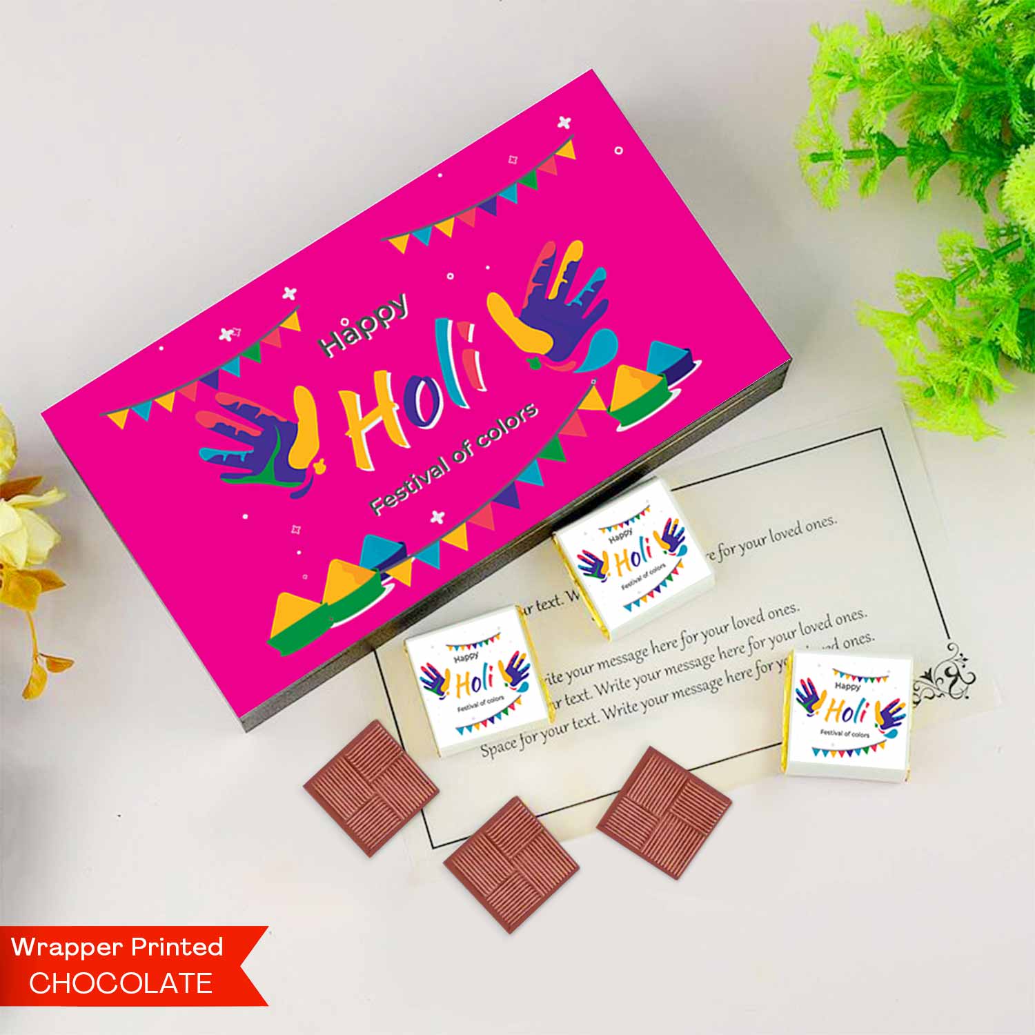 Colourful holi gift box with personalised wrapped chocolates