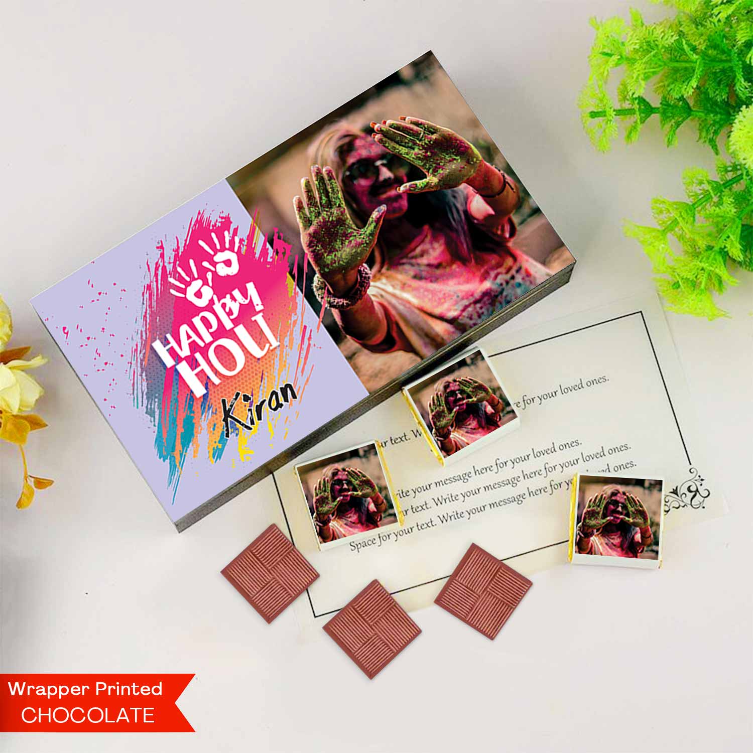 Colourful modern holi gift personalised wrapped chocolates
