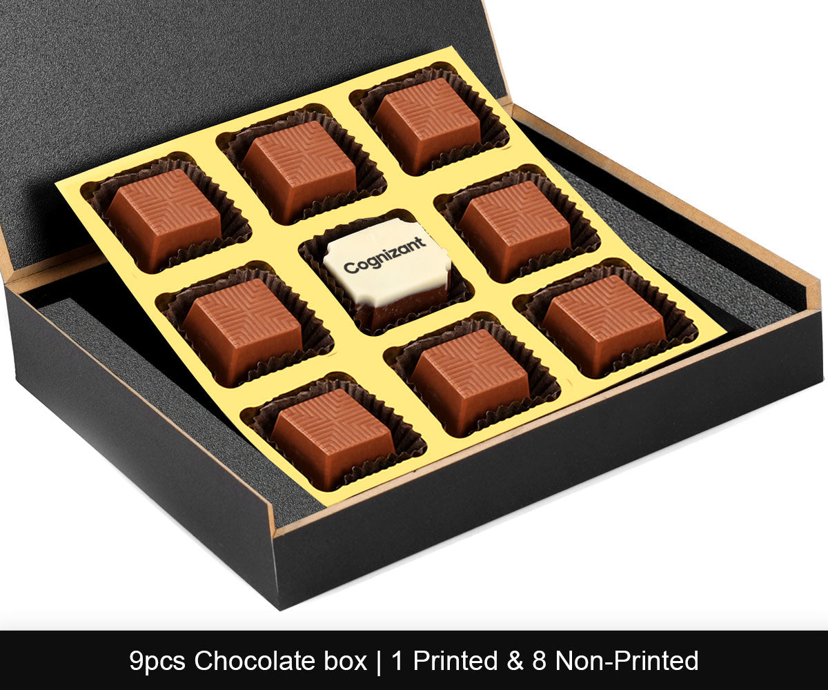 Logo Chocolates with Beautiful black box, corporate gift boxes for employees, corporate chocolate gift boxes, chocolates corporate gifts, corporate gift boxes india