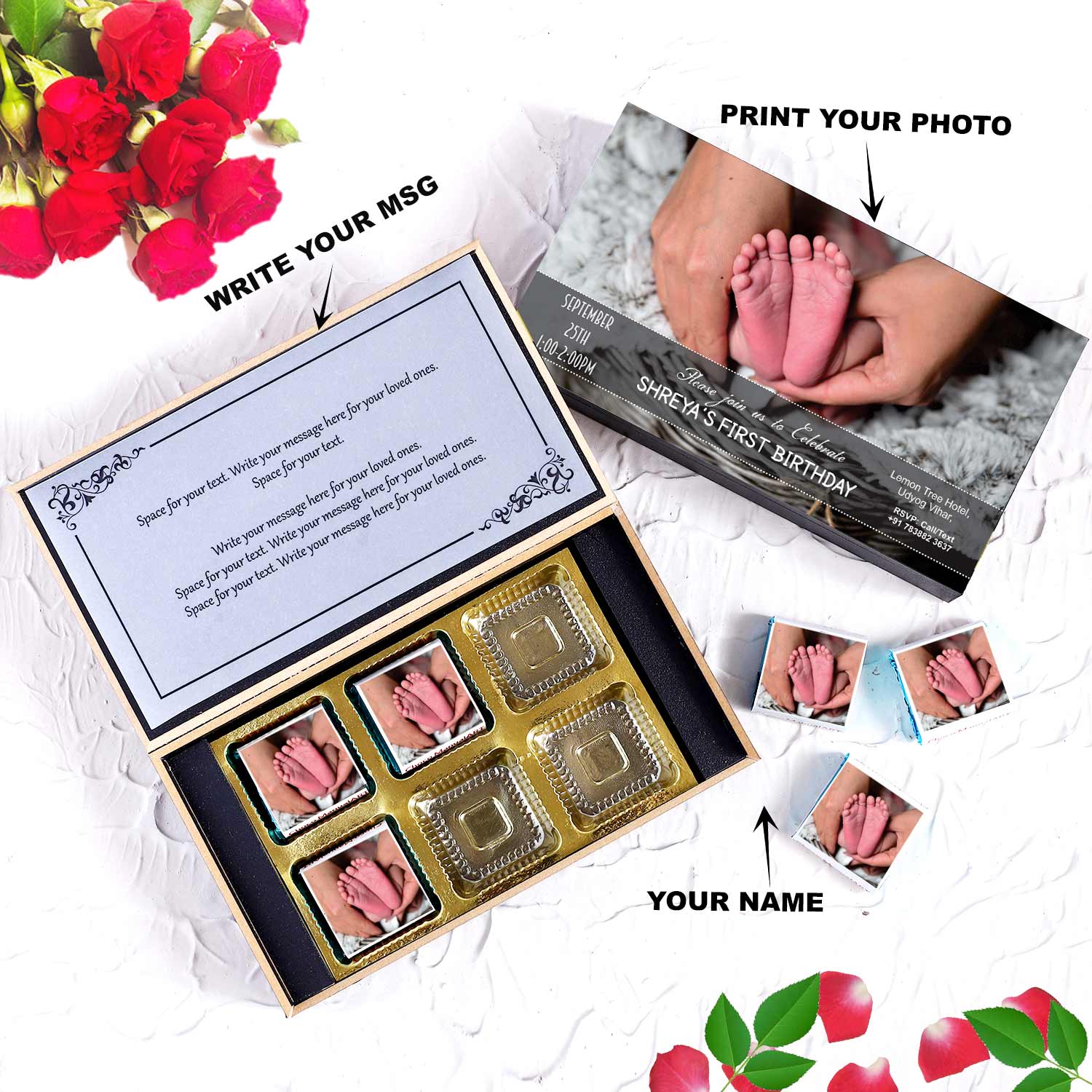 customized black wooden box with wrapper of all-printed chocolates. There is also a personalized message printed on Message paper inside the box.